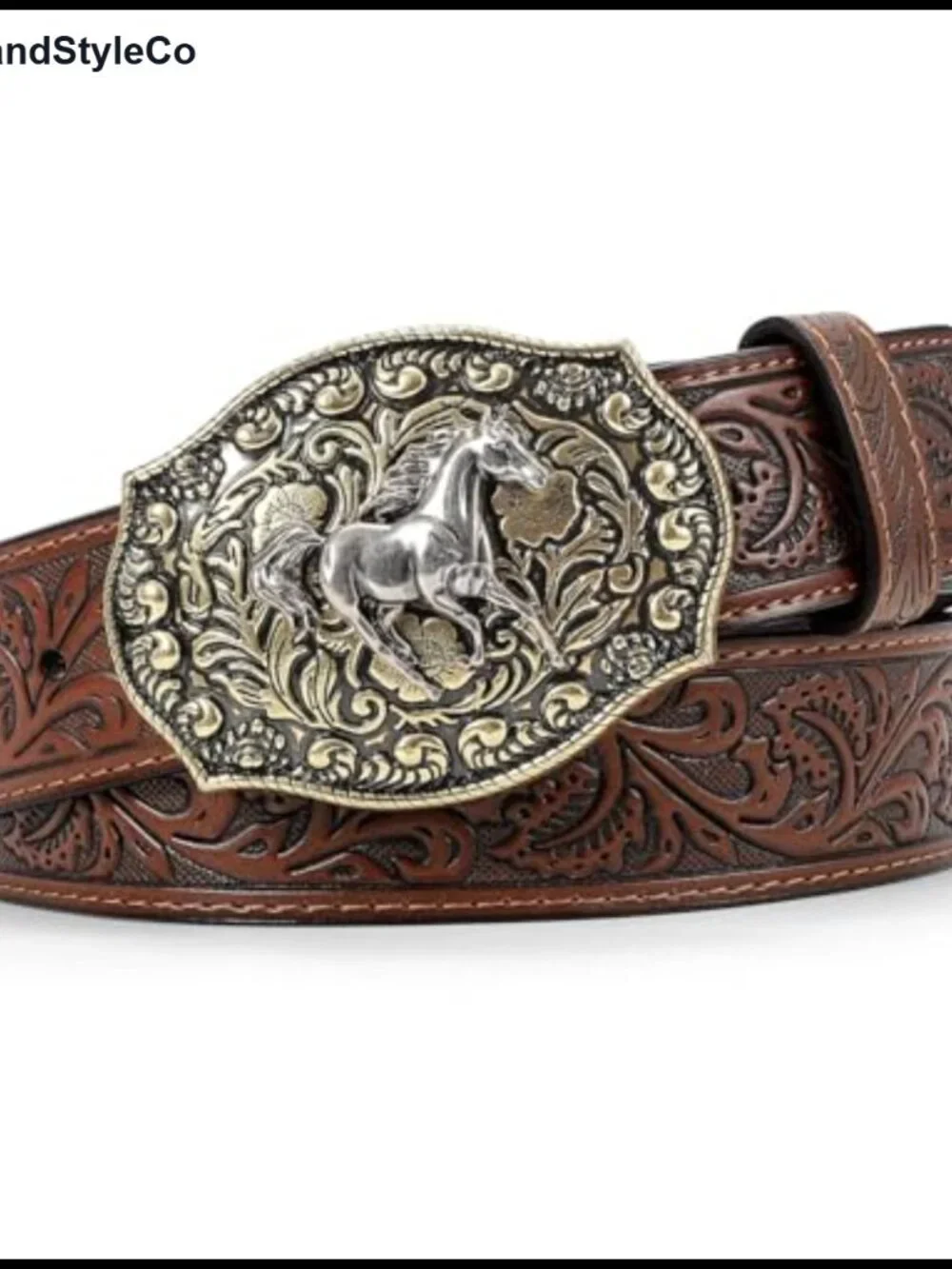 Embossed Leather Cowboy Belt with Horse Buckle